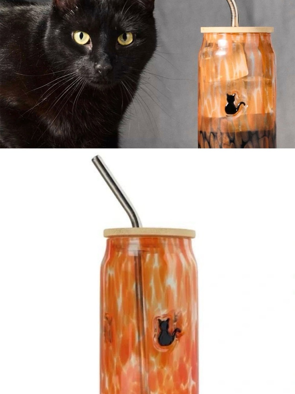 Anthropologie Orange Marbled Cat-Accent Insulated Tumbler with Straw